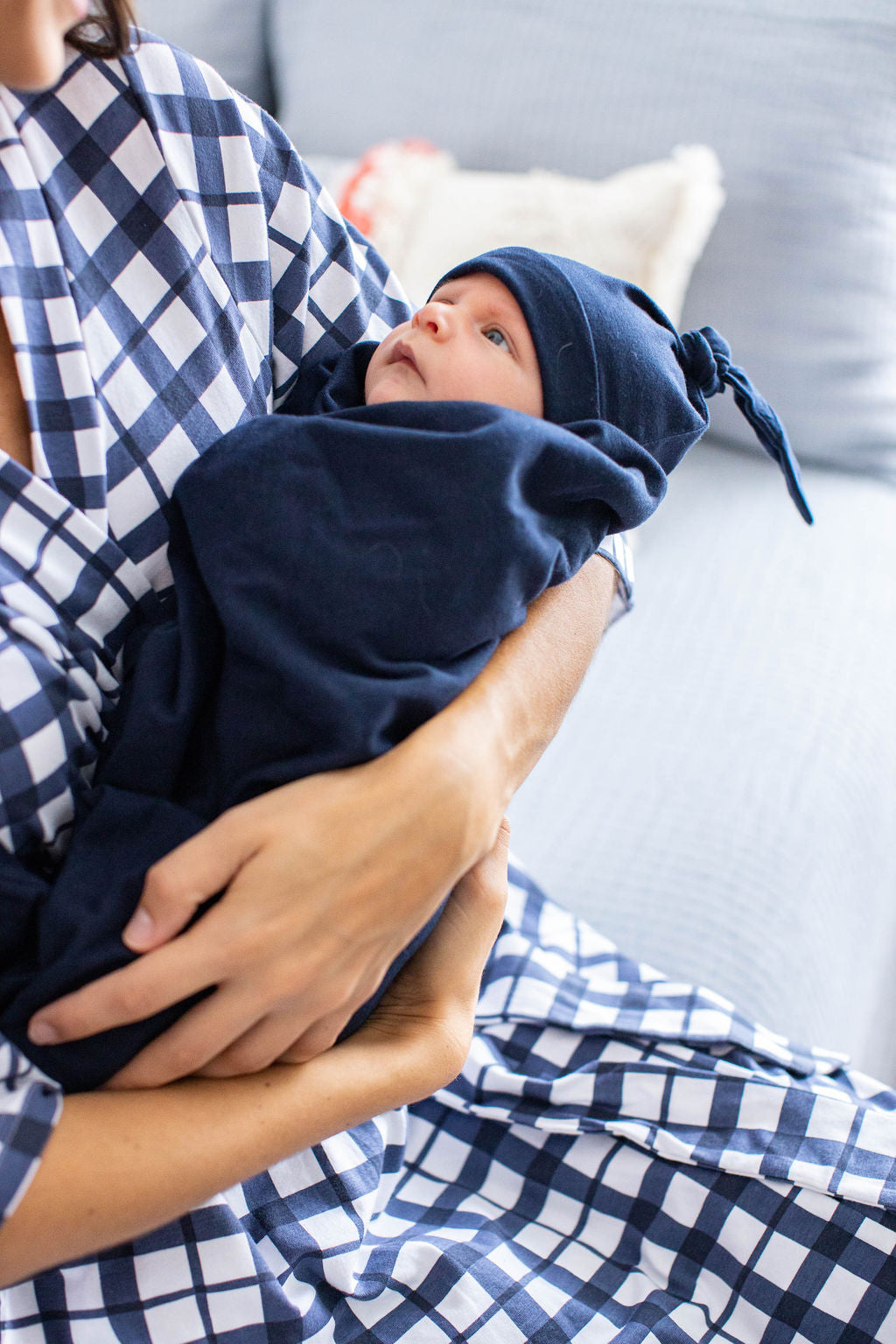 Blue Gingham Robe Navy Blue Swaddle Blanket Set