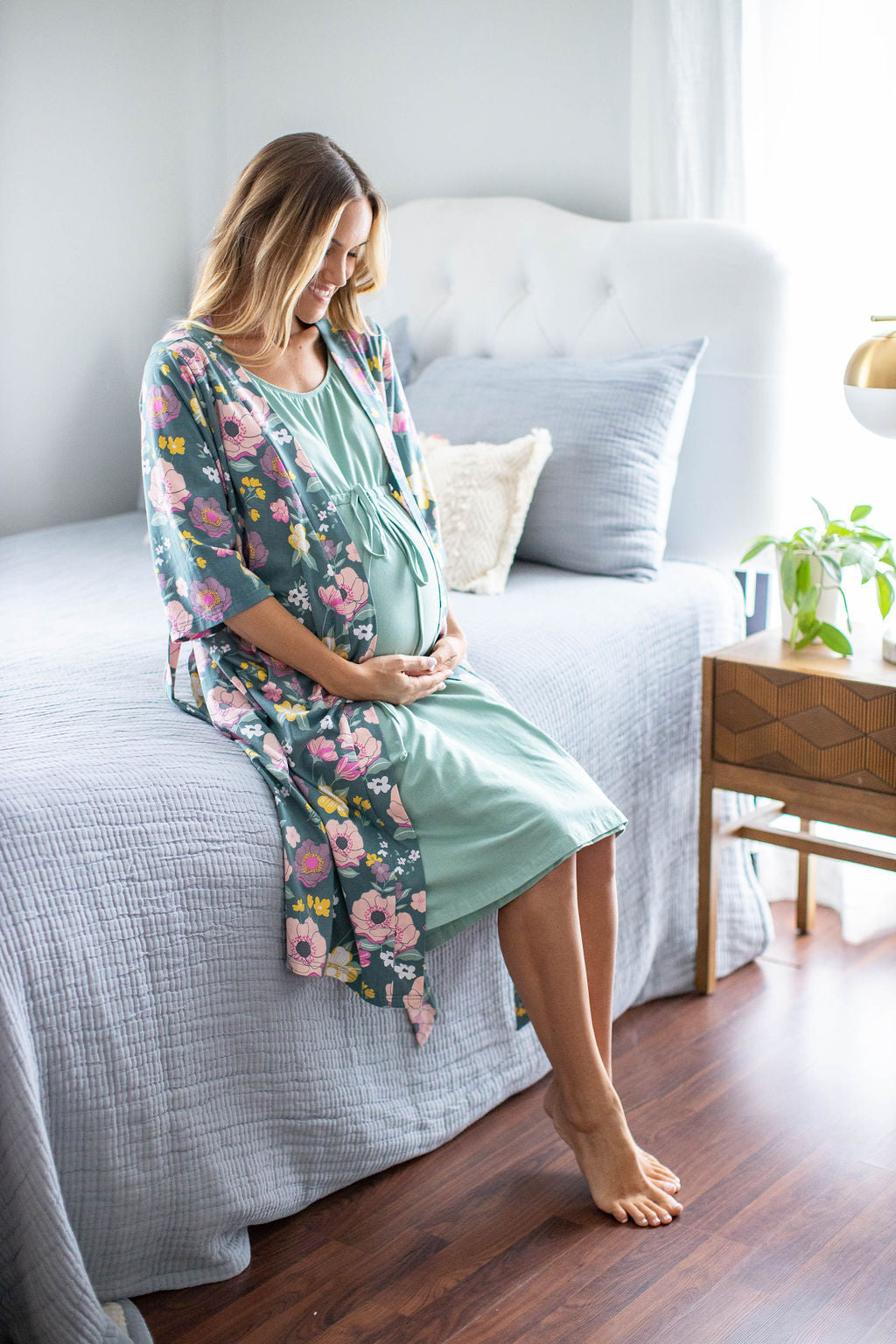 Sage Green Mom Hospital Robe & Floral Maternity Labor Hospital