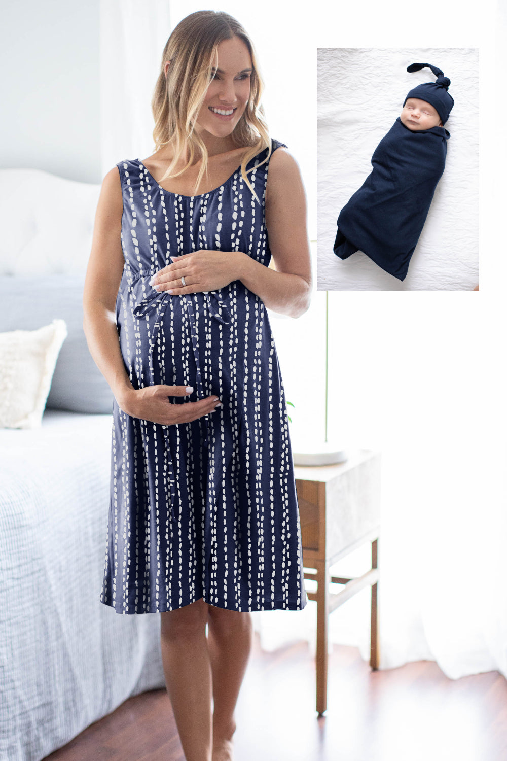 Luna 3 in 1 Labor Gown & Navy Newborn Swaddle Blanket Set