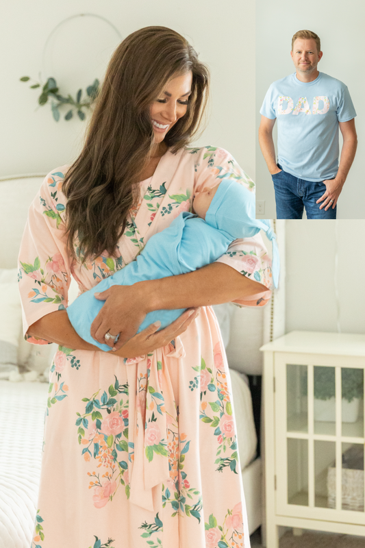 Nina Pregnancy/Postpartum Robe & Baby Boy Swaddle Set & Dad T-Shirt