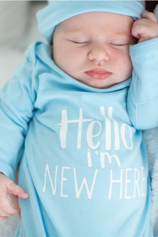 Hello I'm New Here -  Light Blue Baby Newborn Receiving Gown