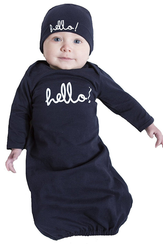 Navy Hello Baby Receiving Gown & Hat