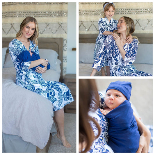 Serra Mommy & Daughter Robe Set & Navy Newborn Swaddle Blanket Set